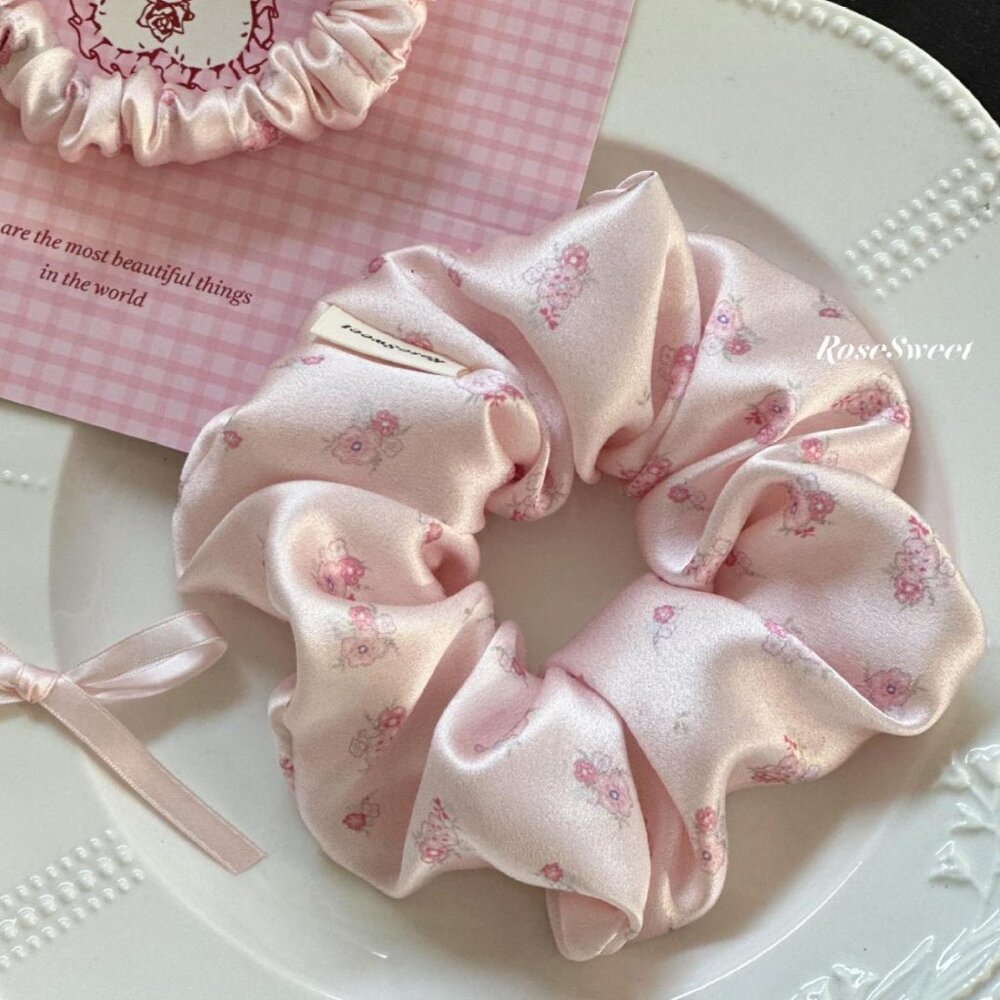 Cute Pink Floral Satin Scrunchie Soft Silk Hair Tie Aesthetic Hair Accessory 4.7